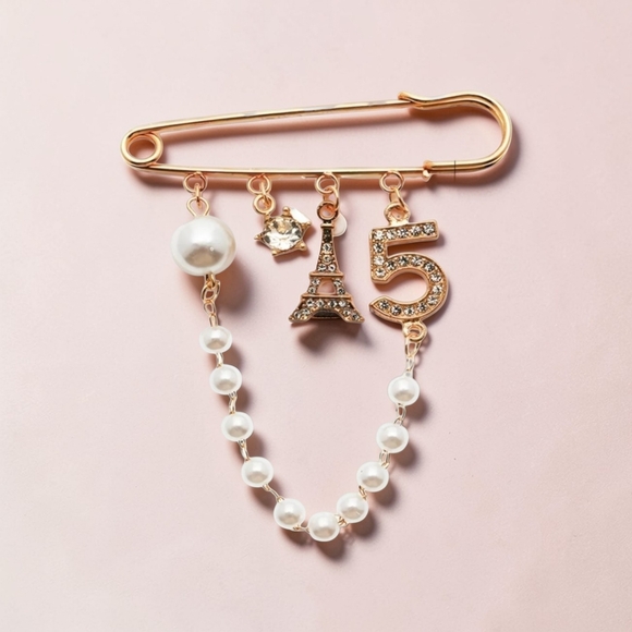 Gold Pearl & Crystal Eiffel '5' Charm Safety Pin Brooch - Picture 2 of 4